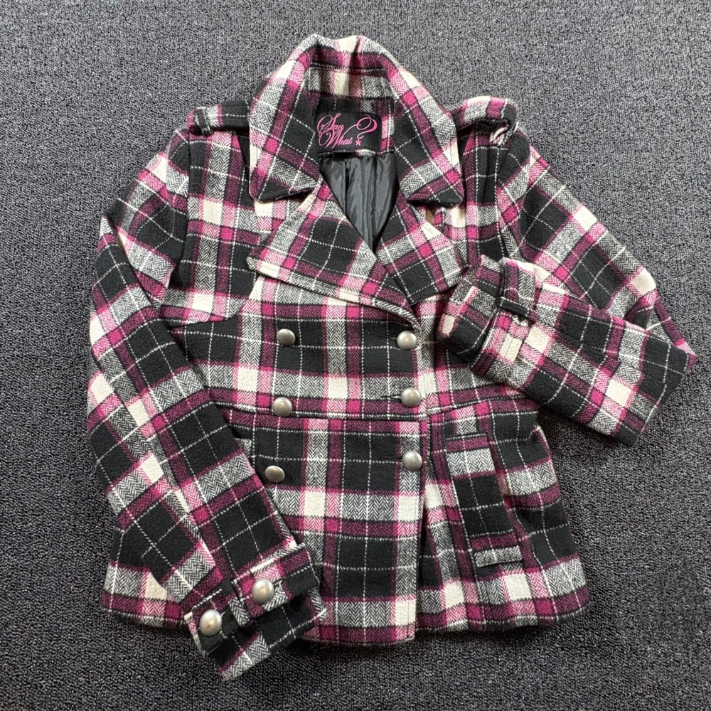 Say What?‎ Tartan Plaid Double Breasted Pea Coat Women's L Wool Blend Pink Y2K